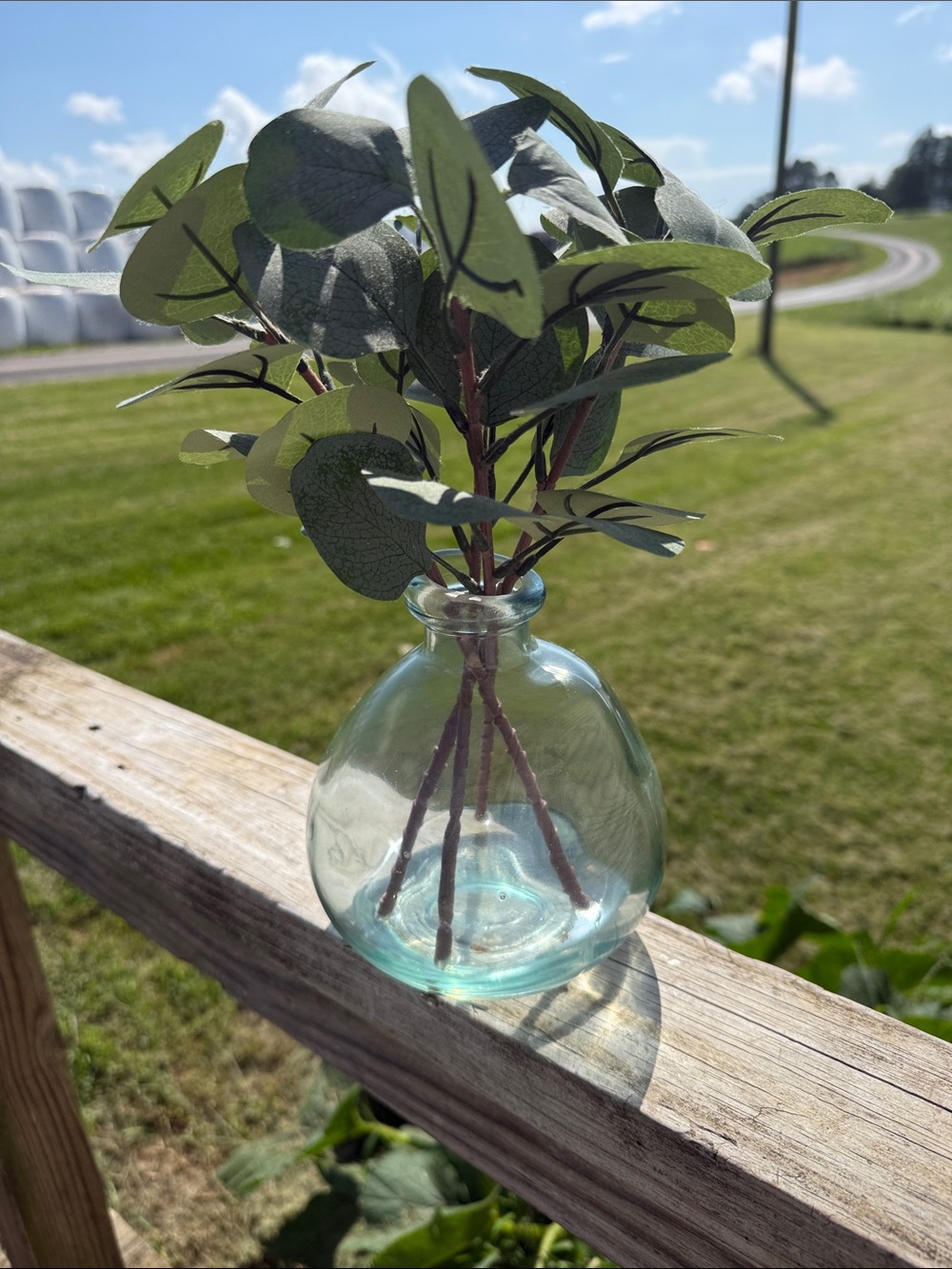 Clear Aqua Glass Bud Vase with Green Faux Eucalyptus